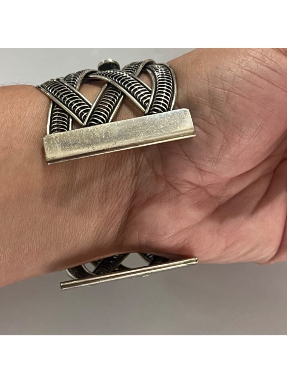 Vintage Silver Tone Cuff Bracelet With Turquoise Stone Floral & Butterfly - Picture 4 of 10